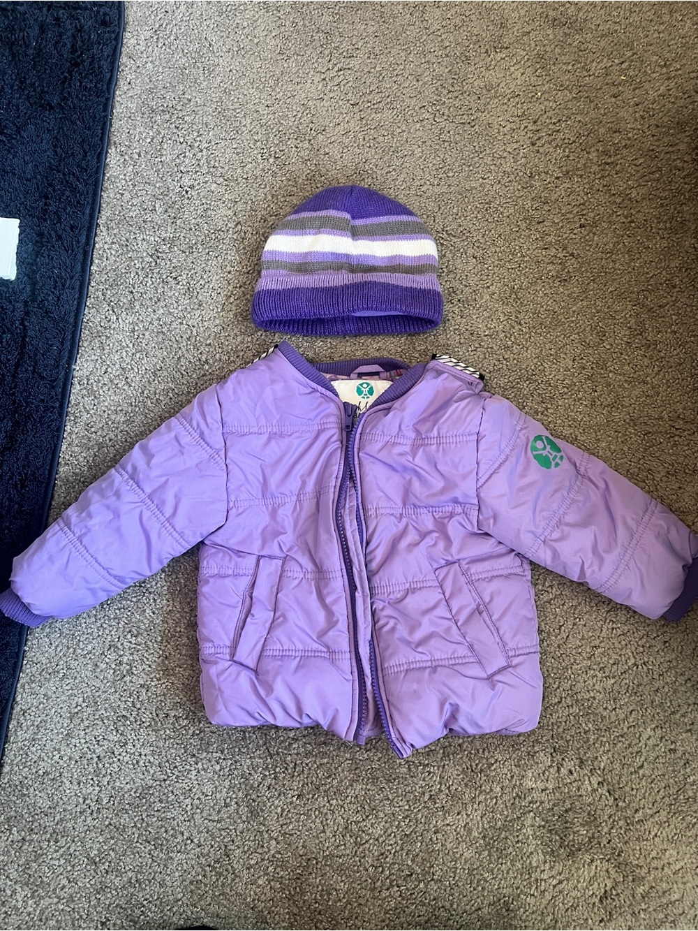 Buckle Me lilac Quilted Kids Jacket with Striped Beanie 2T